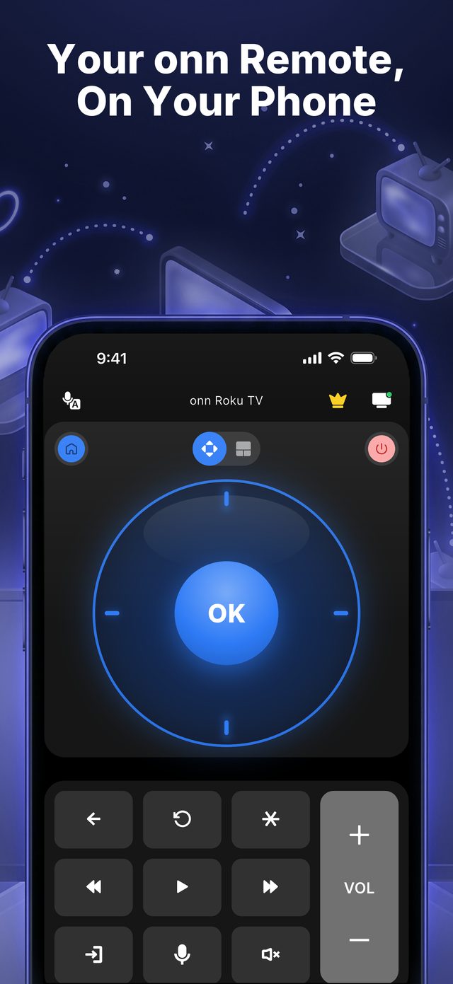 Remote for onn TV — your onn. remote on your phone, D-pad with a glowing blue OK
