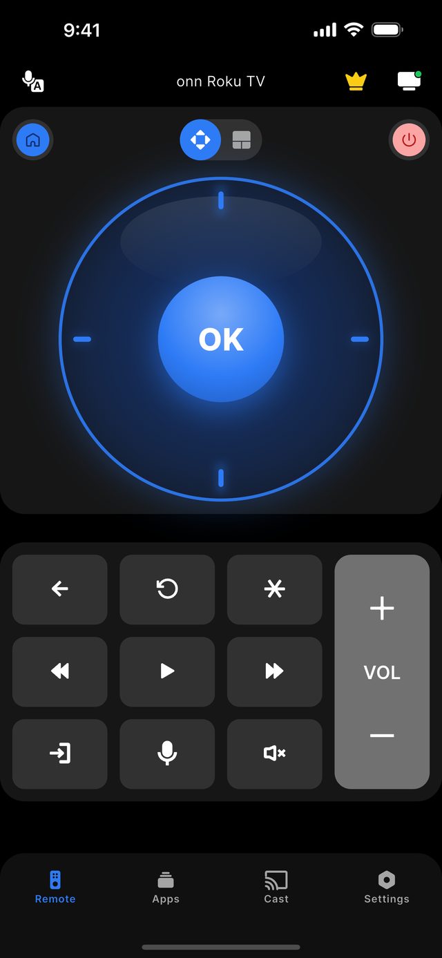 Remote for onn TV app connected to an onn. Roku TV, showing the D-pad with a glowing blue OK button